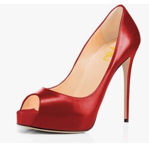 FSJ Red Graceful Peep Toe Pumps High Heels with Platform Slip On Party Prom Shoe